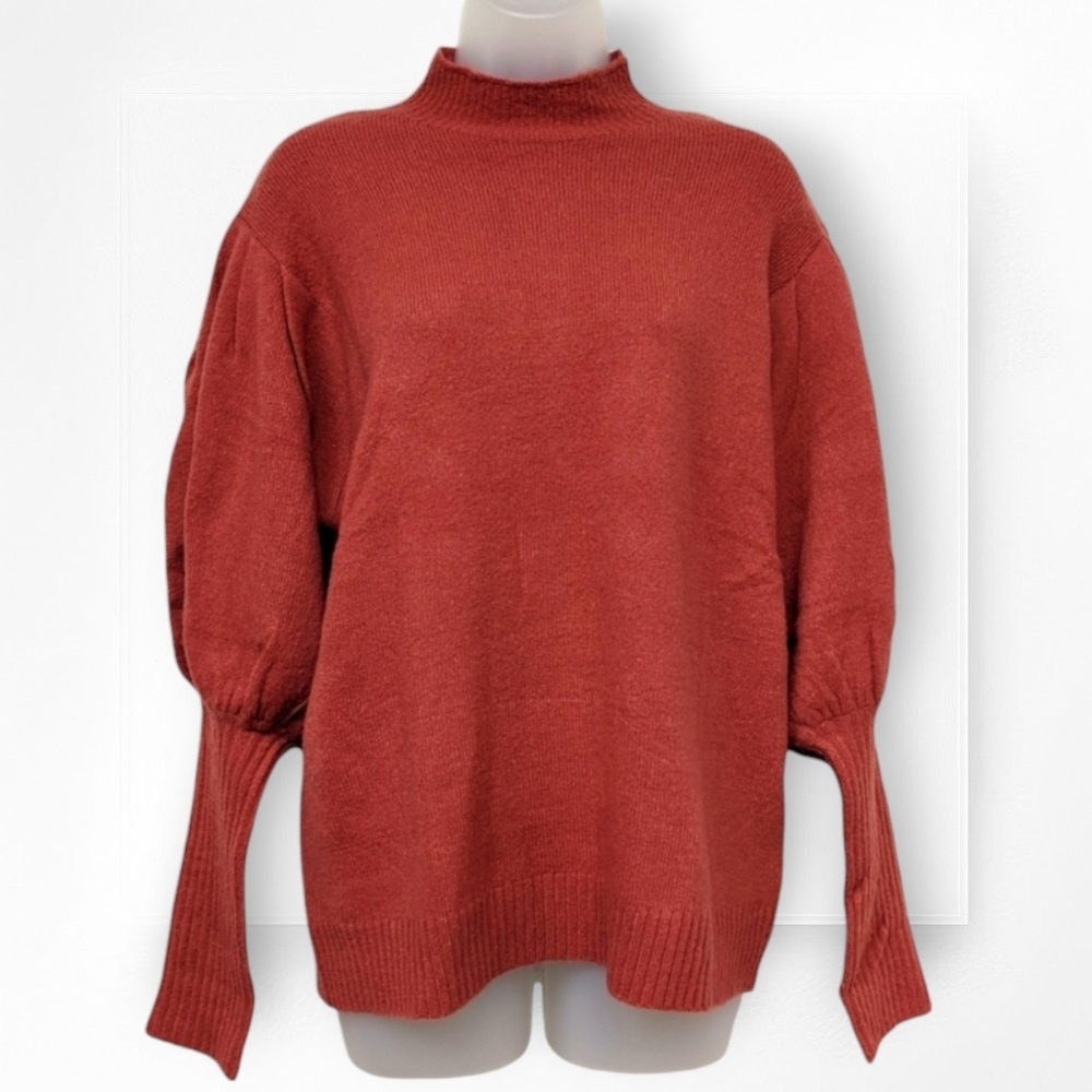 Elan Kira Sweater Puff Sleeve Mock Neck Rust Orange NWOT Medium